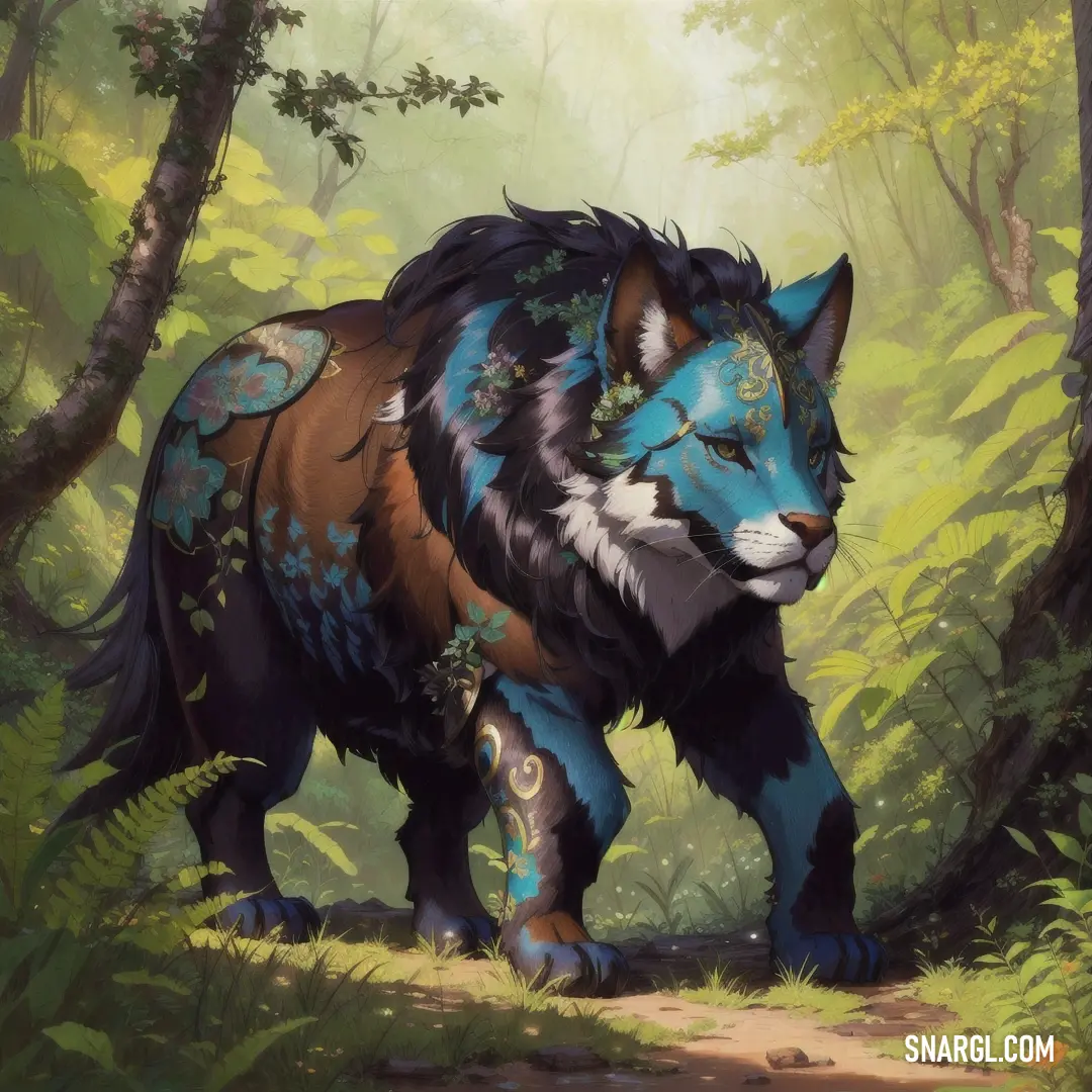 A captivating painting of a blue and brown wolf, harmoniously blending into a forest setting filled with trees and bushes. The artwork conveys a sense of adventure and the raw beauty of wildlife in its natural habitat.