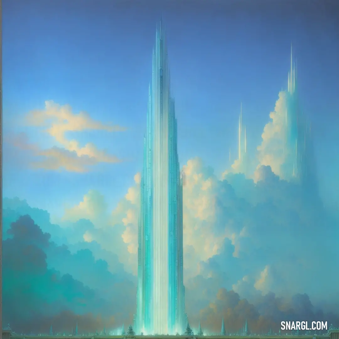 A tall building rises into the sky, its structure punctuated by soft, billowing clouds. The scene is highlighted by the harmonious blend of colors, giving it a sense of elegance and grandeur.