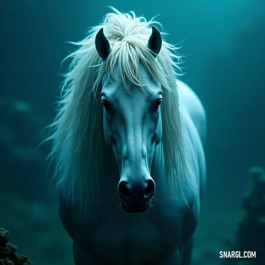 A majestic white horse with flowing mane, gracefully standing in tranquil waters, its striking gaze directed towards the viewer. The gentle ripples in the water reflect the serenity of the moment captured in vibrant shades of green.