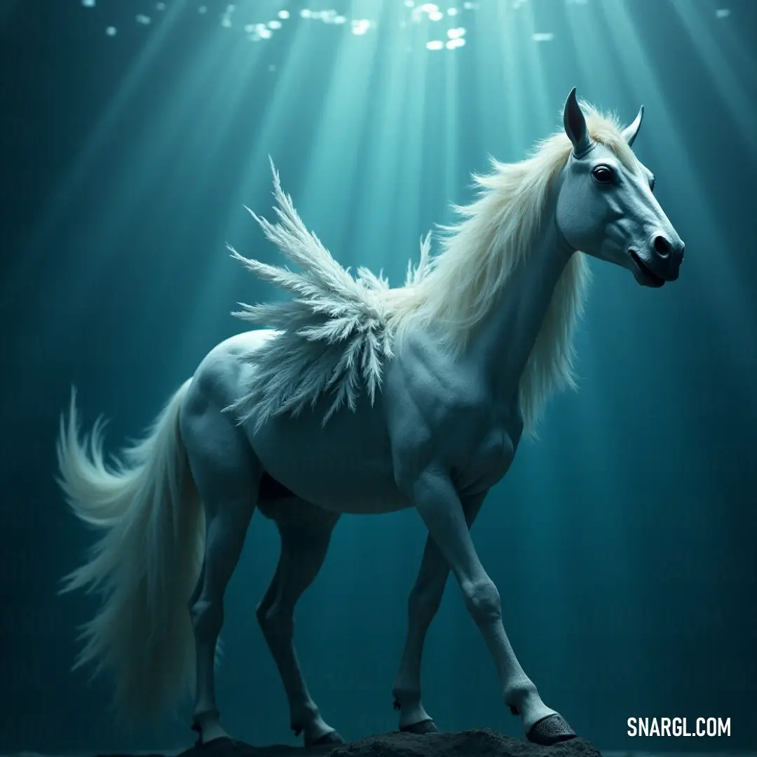 A beautiful white horse with a flowing mane gracefully stands underwater, basking in sunlight streaming through the water's surface, illuminating the ethereal scene with an aura of tranquility and peace.