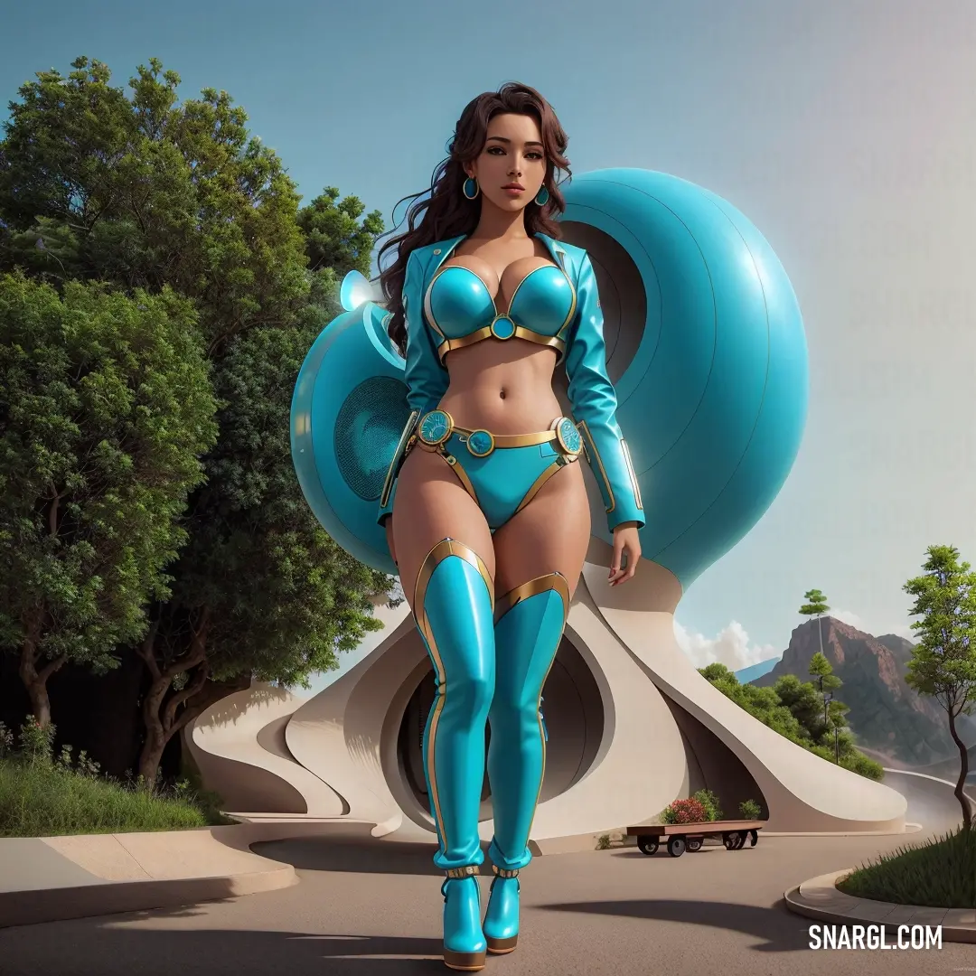 Woman in a blue bikini and boots walking down a street with a giant object behind her on a sunny day