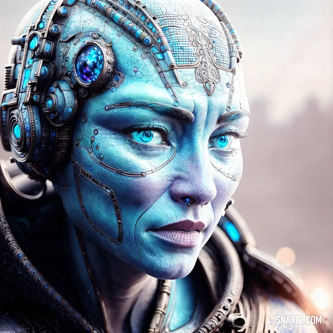 Woman with blue hair and a futuristic face is looking at the camera
