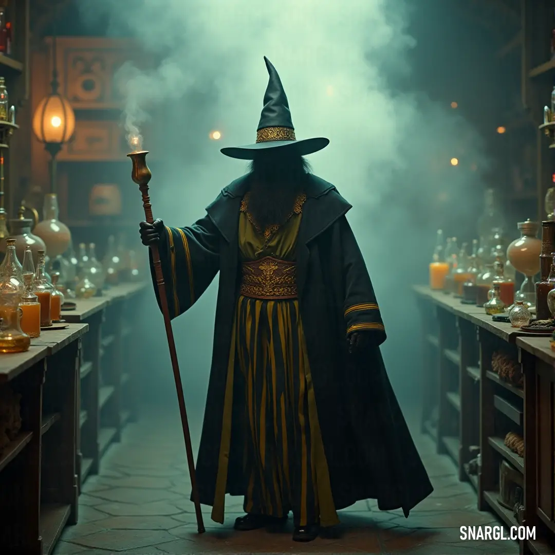 A wizard stands in a cluttered room filled with bottles and jars, holding a staff, as smoke swirls around and a candle flickers with mystery. A wizard, standing in a dimly lit room filled with strange bottles and jars, holds a staff in one hand while smoke curls out of the containers around him. A flickering candle casts an eerie glow over the mysterious scene.
