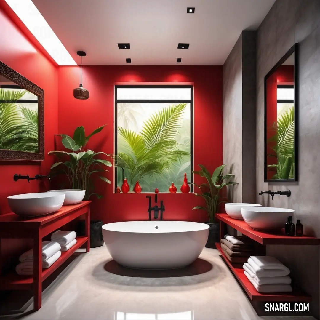 Vermilion color example: Bathroom with a large tub and two sinks in it and a large window with a palm tree in the corner