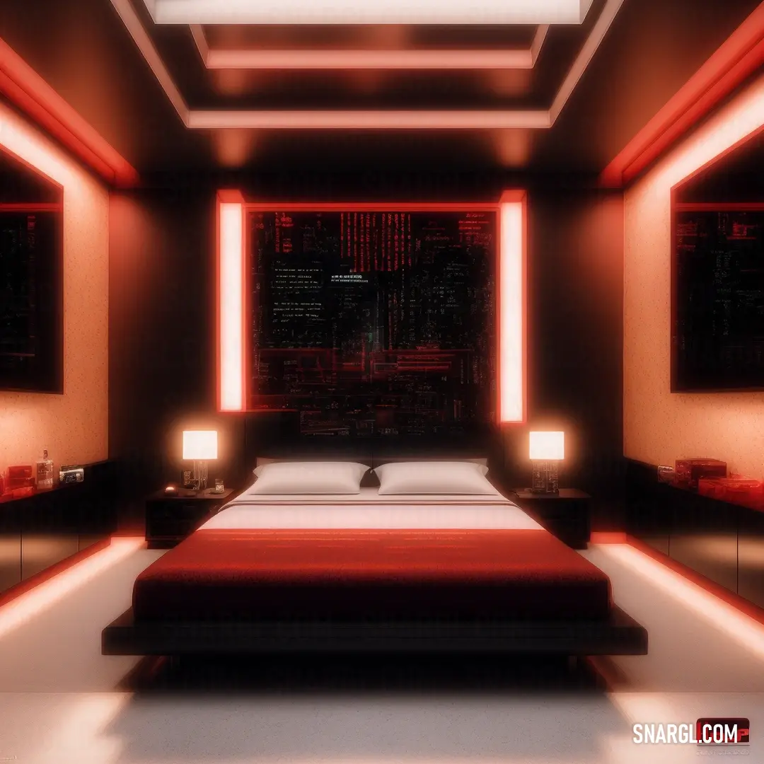 Bed in a bedroom under a red light above a bed with a red blanket on it
