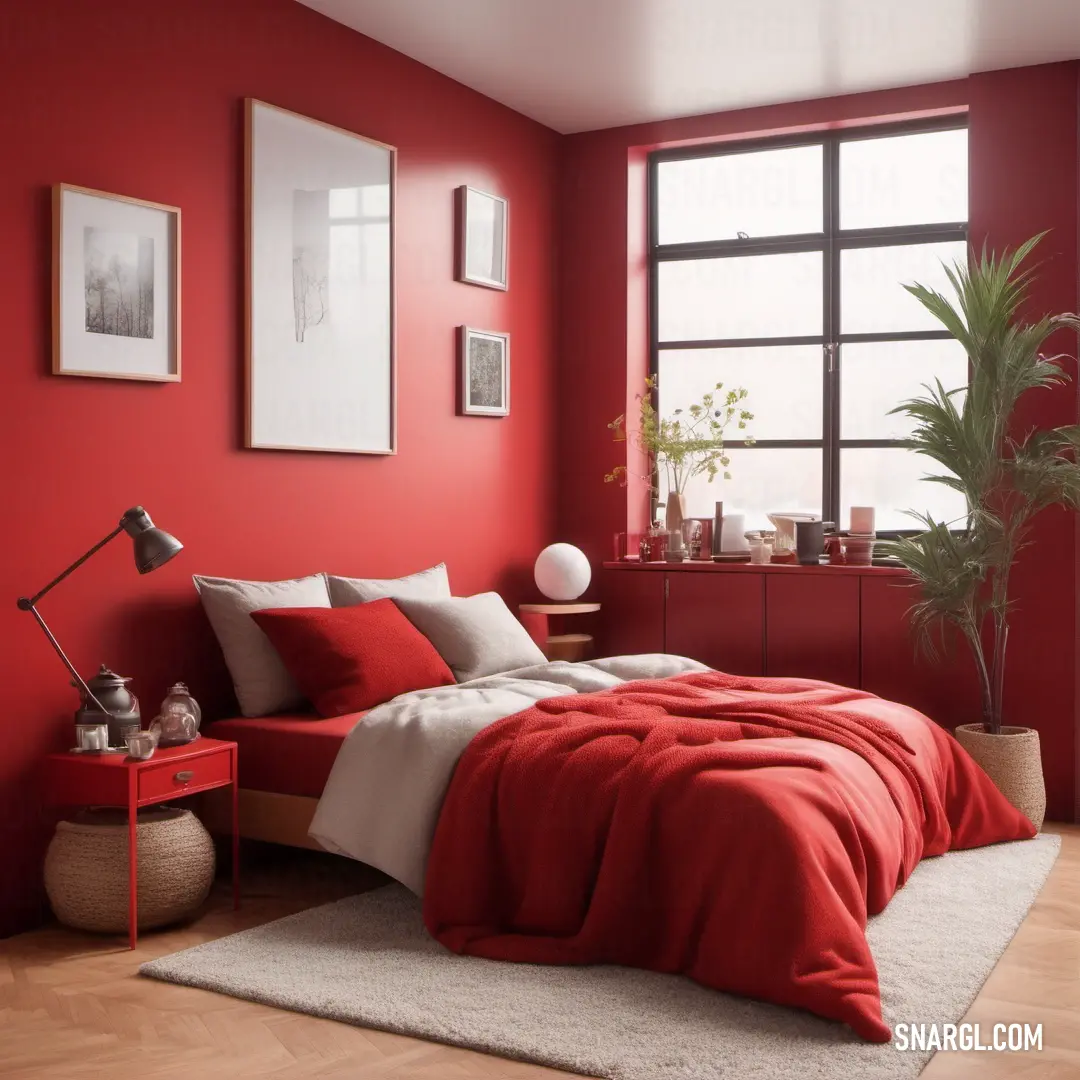 Vermilion color. Bedroom with a red wall and a bed with a red comforter and pillows on it and a white rug