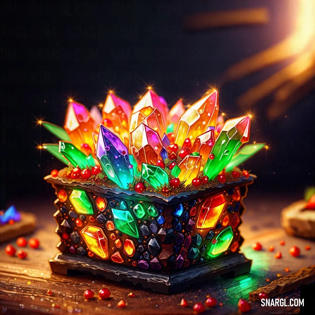 Colorful candle holder with a bunch of lights inside of it on a table with beads