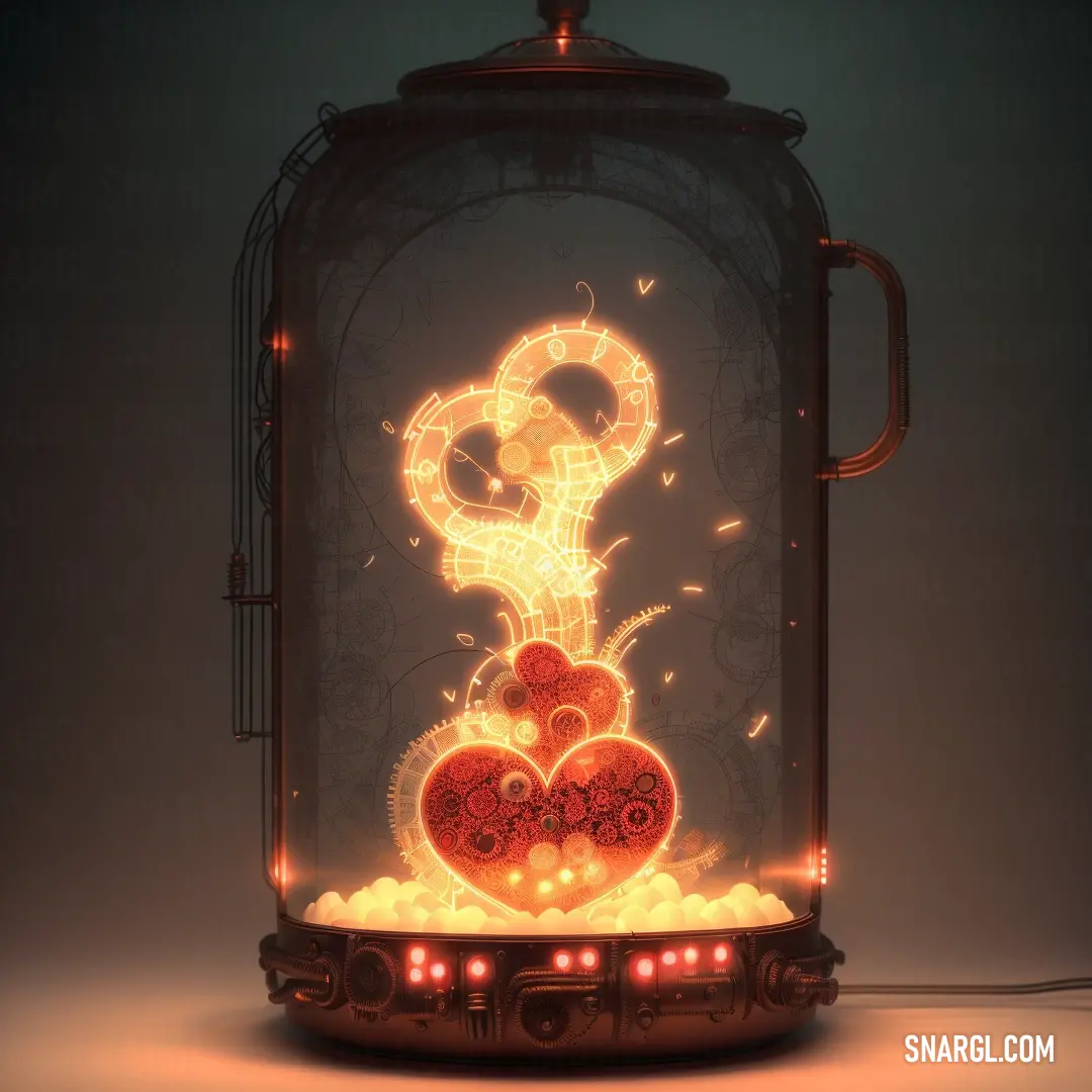 Glowing lantern with a heart inside of it on a table top with a wire and a cord attached to it. Example of RGB 227,66,52 color.