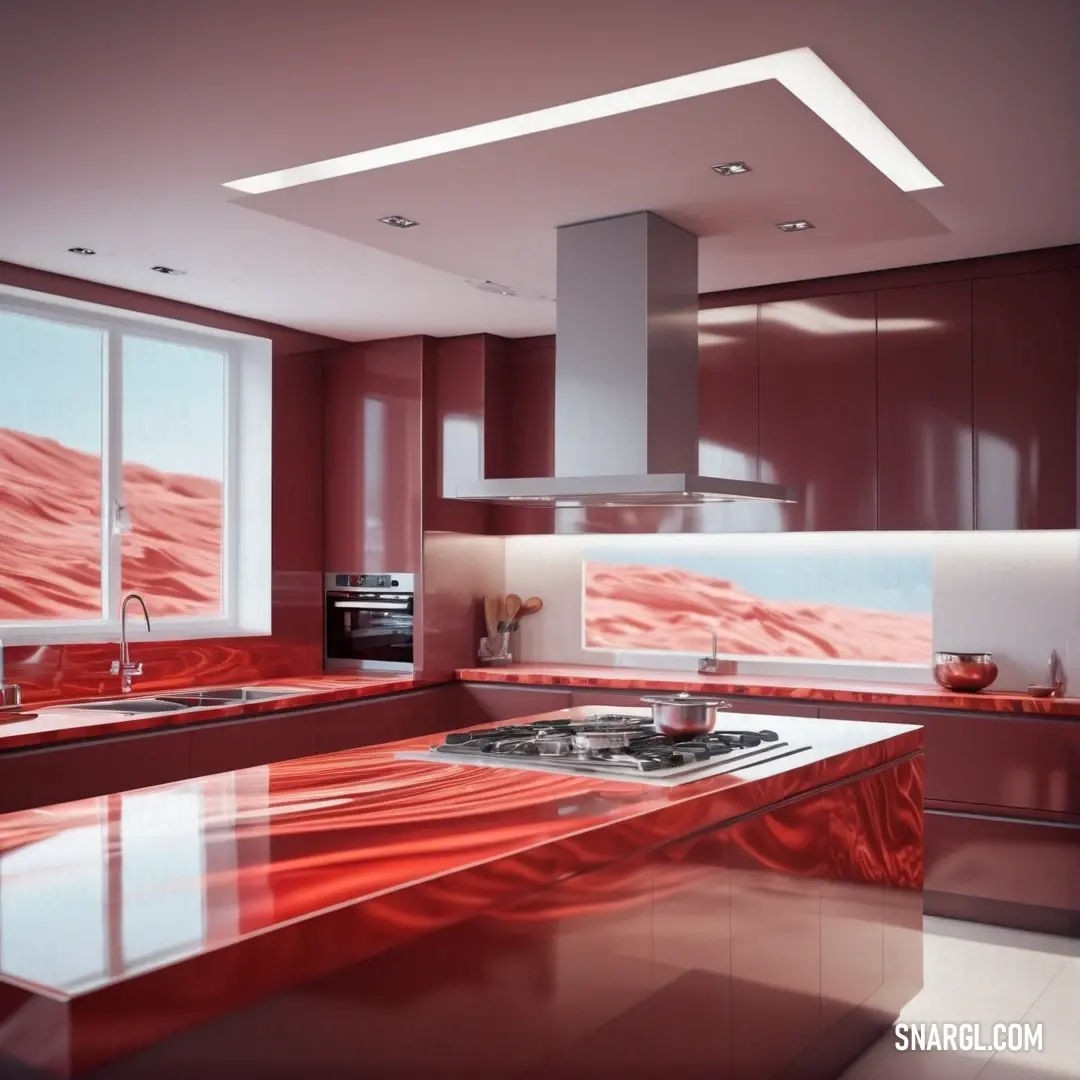 Kitchen with a red counter top and a stove top oven and microwave oven and a window with a mountain view. Color #E34234.