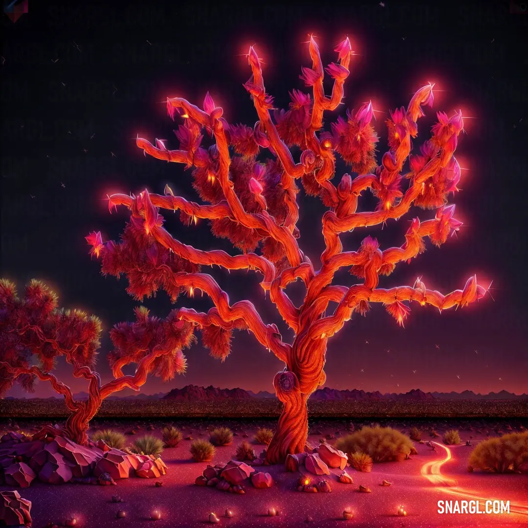 Painting of a tree in a desert at night with a bright light shining on it's branches. Color Vermilion.