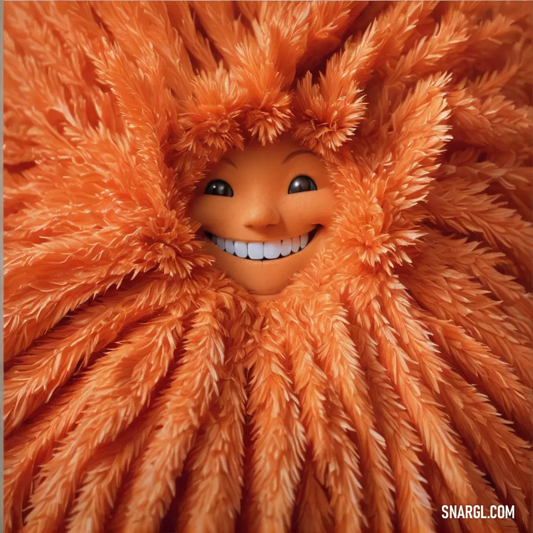 Smiling orange stuffed animal with a white smile on its face and a fluffy orange coat on its head