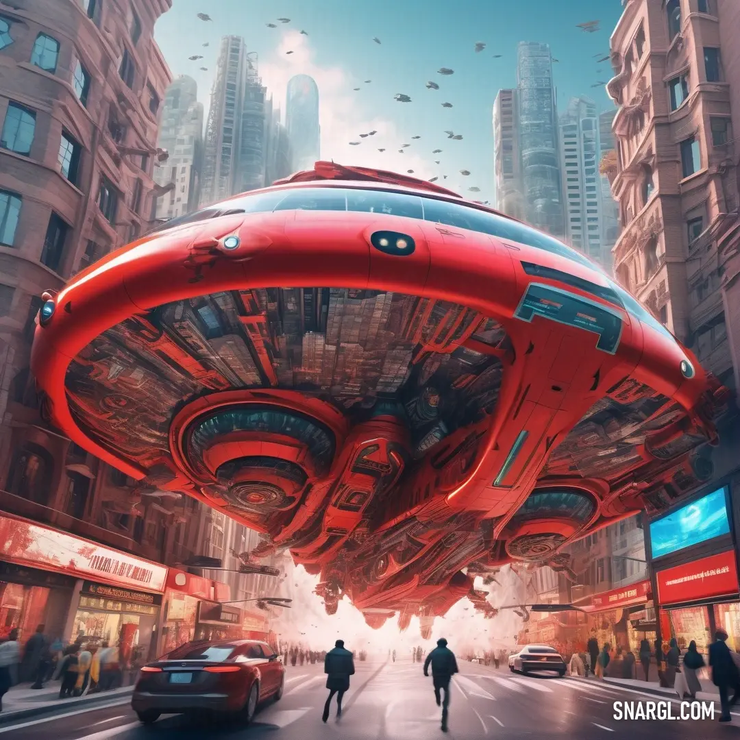 Futuristic city with a giant red object in the middle of the street and people walking around it on a busy street