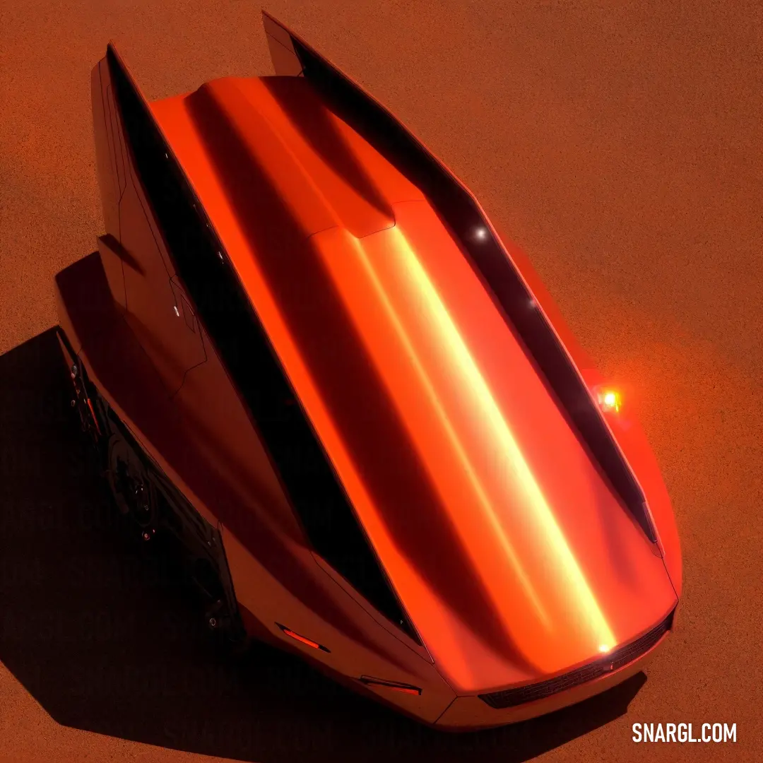 Shiny orange car is shown from above with a bright light shining on it's side and the hood. Color CMYK 0,71,77,11.