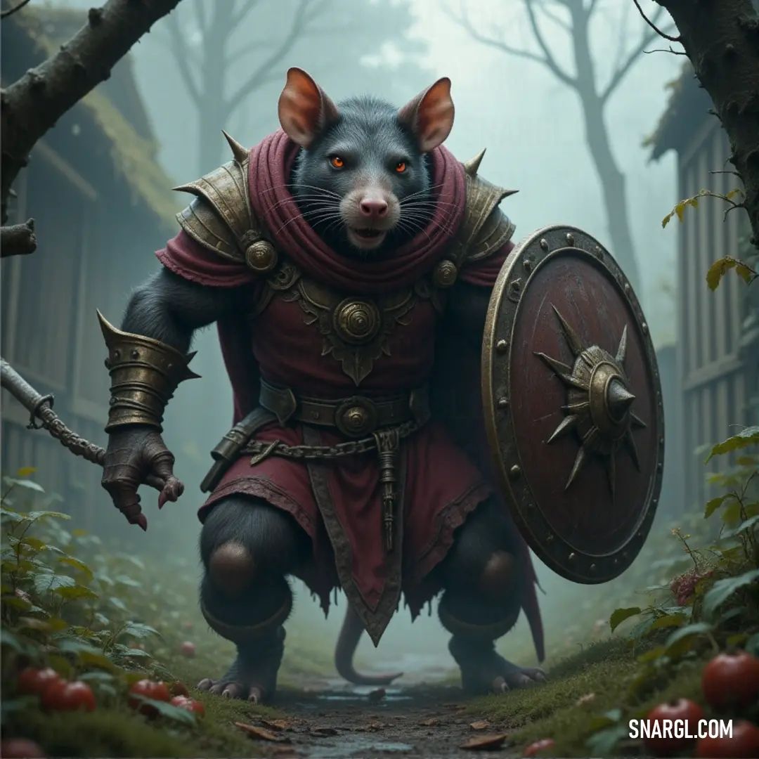 With his armor and shield at the ready, the Verminlord strides through the foggy forest, his imposing presence a clear signal that he is prepared for any battle or enemy that may arise from the shadows. The Verminlord, clad in an elaborate costume of power, walks through a misty forest. His shield is strapped to his back, his armor reflecting the eerie light of the surrounding trees, signaling his readiness for whatever dark force lies ahead.