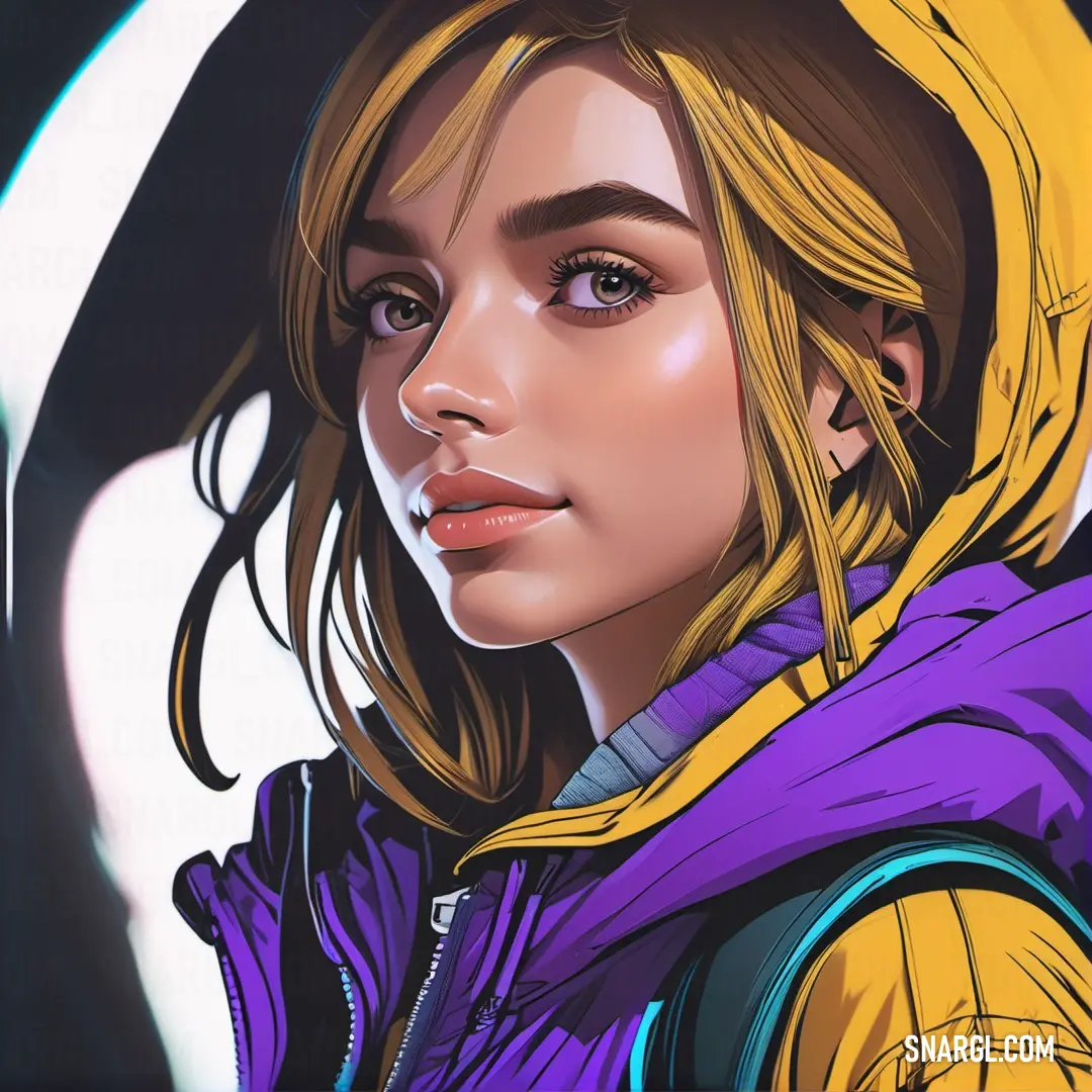 Digital painting of a woman in a yellow jacket and purple scarf and hat. Color CMYK 33,87,0,6.