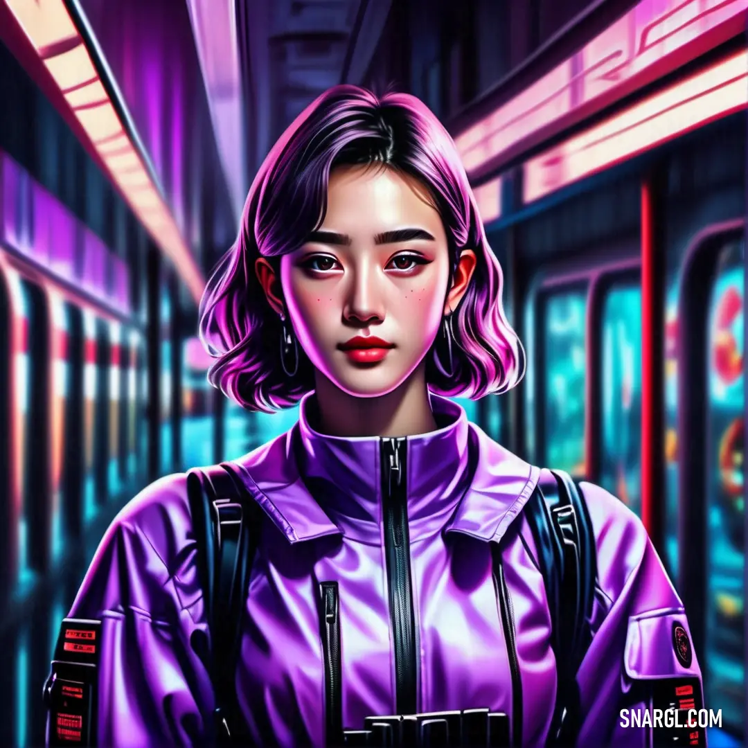 Woman in a purple jacket standing in a hallway with neon lights on the walls. Color #A020F0.