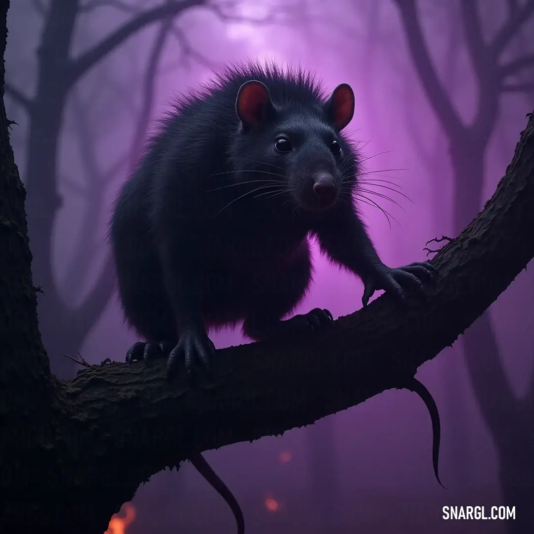 In a misty nocturnal setting, Vesk perches upon a tree branch, illuminated by ethereal purple light that dances around, creating a mystical ambiance as fog envelops the surroundings, revealing a world steeped in wonder.
