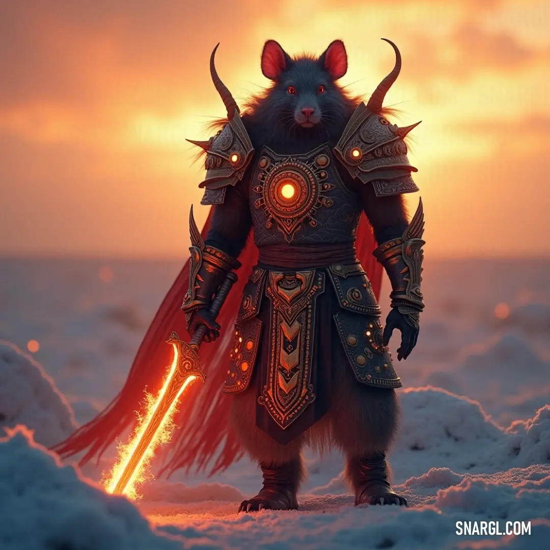 Veskit, adorned in a mysterious costume, stands in the snow, his eyes glowing with an eerie light. The frosty landscape around him enhances the otherworldly aura, as he stands watchful against the cold.