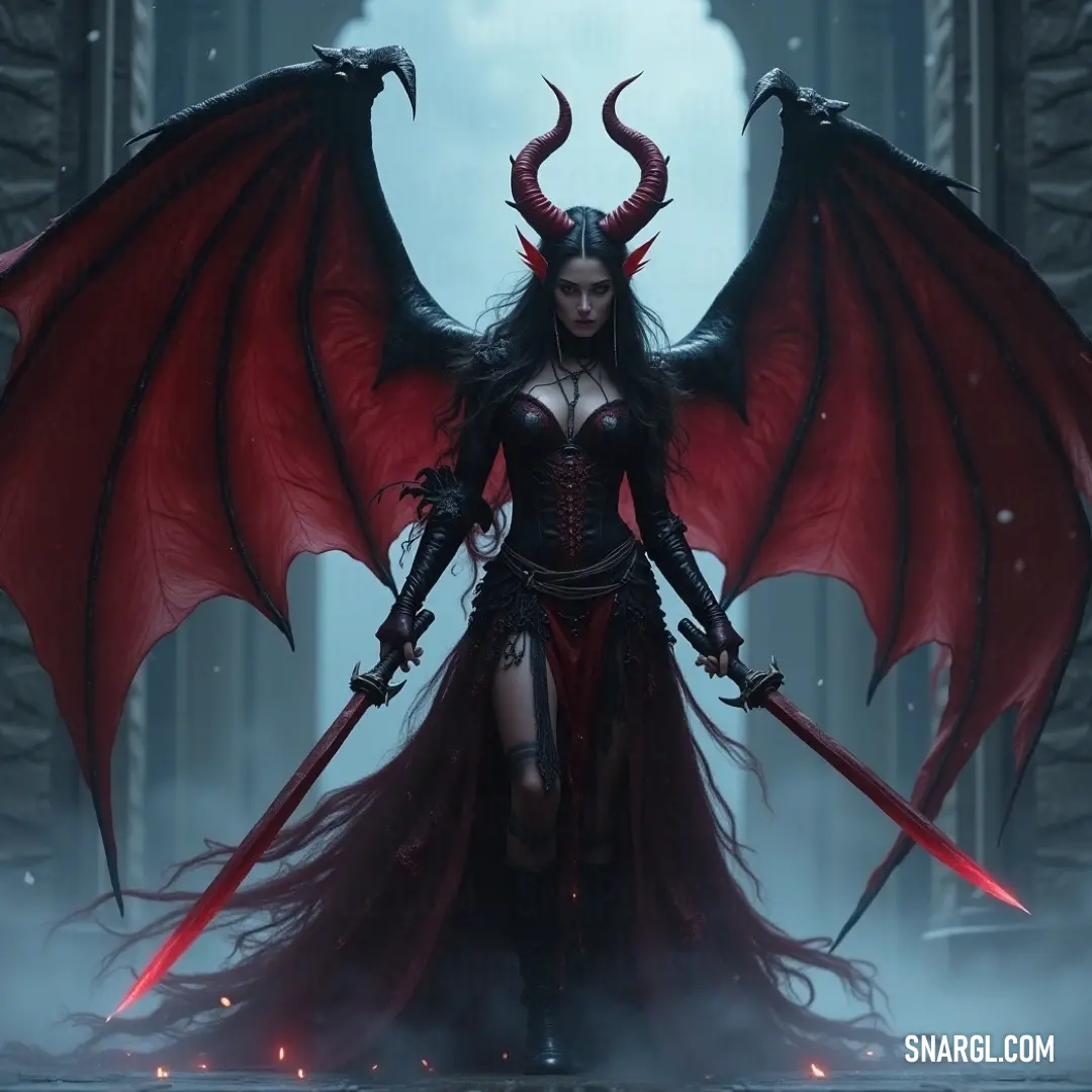 Vespera, the warrior with red dragon wings, stands in a foggy world, sword in hand, her eyes scanning the horizon for her next challenge. A fierce warrior, Vespera, stands tall in a misty landscape, her red dragon wings spread wide behind her. In her grip, she holds a gleaming sword, ready for battle, as the fog swirls around her feet, adding an air of mystery to the scene.