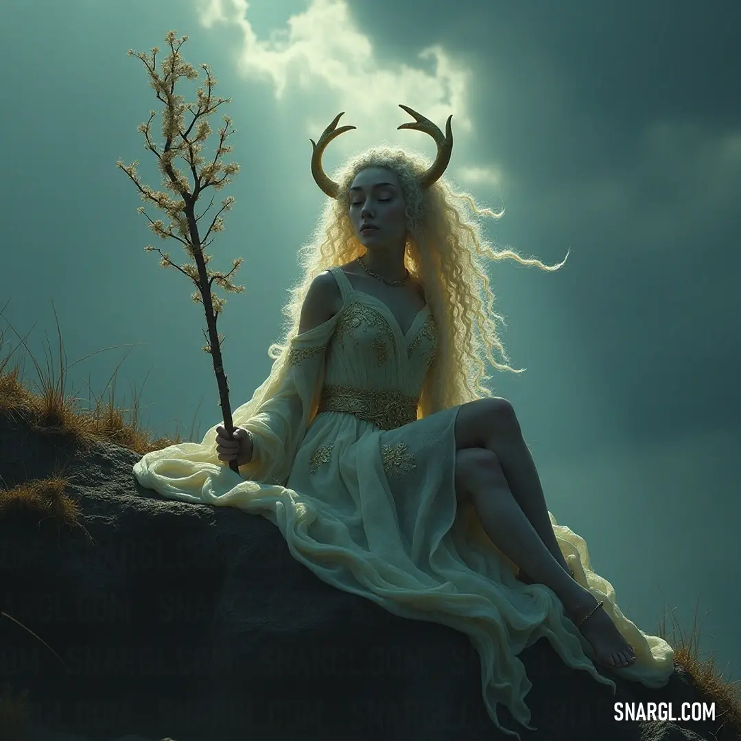 Vesta poses on a rock with elegant horns, cradling a tree branch against an expansive sky, a striking presence in nature's grandeur. Vesta perches gracefully on a rock, elegant horns framing her face as she holds a delicate tree branch against an expansive sky. This captivating image captures her as a figure of strength and tranquility amidst the boundless scenery.