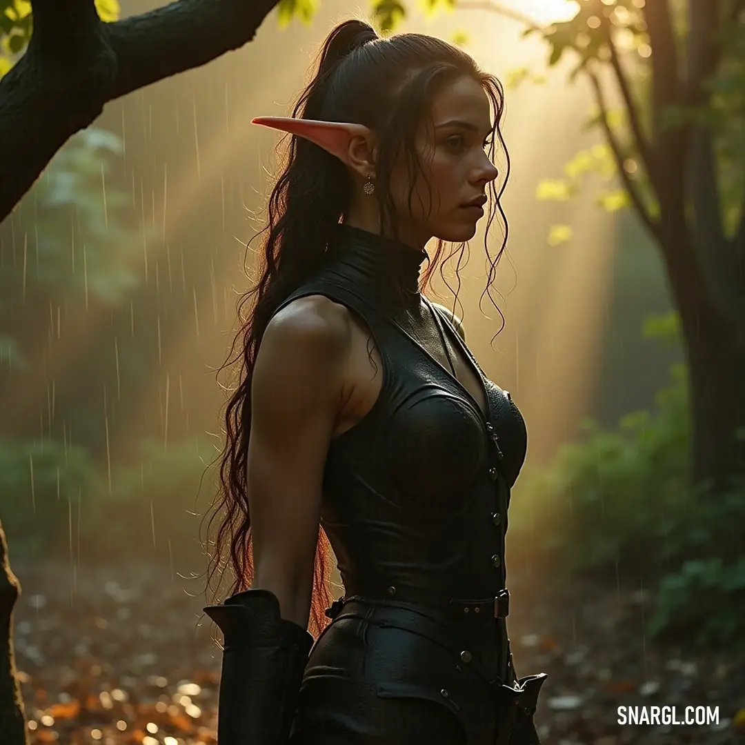 A striking warrior in black gear stands resolute in the forest, her sword gleaming in the sunlight, ready to face the challenges that lie ahead with unwavering strength. A fierce warrior clad in black stands poised in the woods, sword drawn and ready, the sunlight filtering through the trees behind her, casting an aura of bravery and determination.