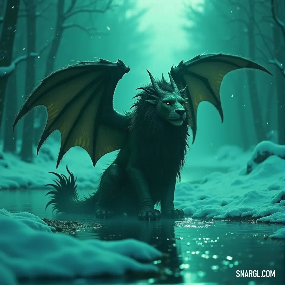 A fierce Vexclaw Manticore stands poised on a snowy forest floor, its eyes scanning the surroundings as a stream of crystal-clear water flows beside it, surrounded by towering snow-covered trees.