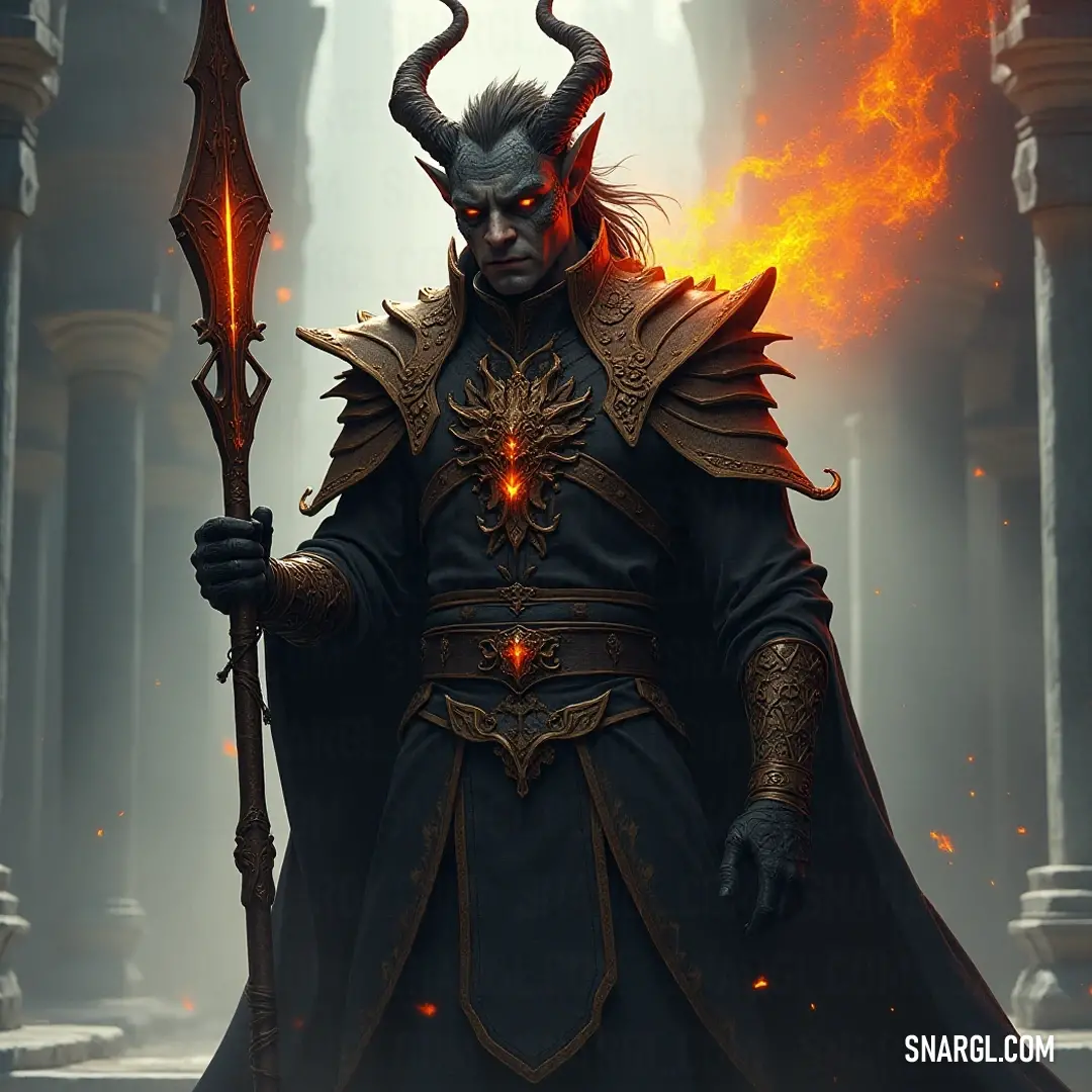 Vexilar Emberclaw: A commanding presence in fog with a glowing staff. Vexilar Emberclaw commands attention in a dark, foggy atmosphere, donning an intricate horned costume while wielding a staff aglow with flames that dance with mysterious energy in the dim light.