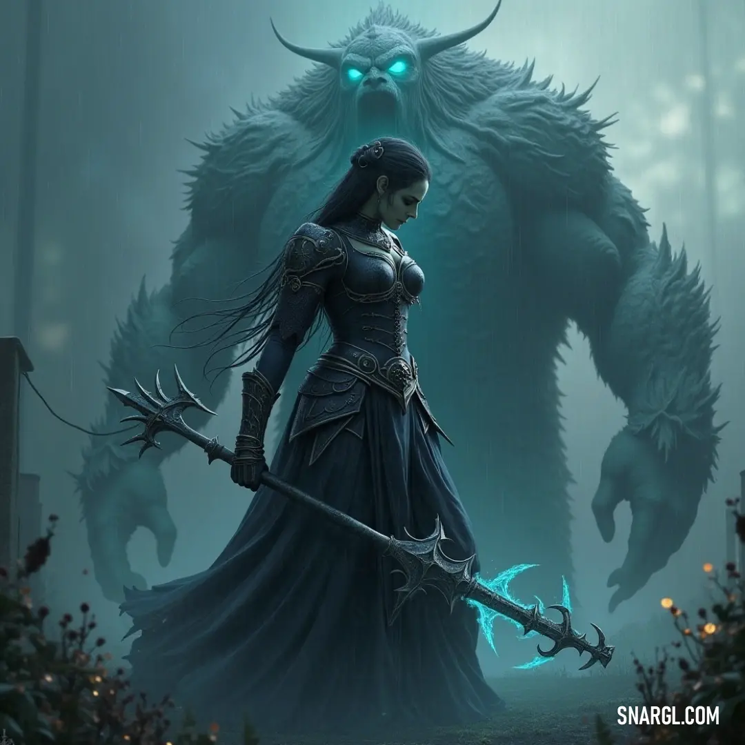 Veyla confronts a giant monster with glowing eyes, fiercely brandishing her sword in a dramatic showdown. Veyla, dressed in an elegant blue gown, holds a gleaming sword as she confronts a colossal monster, its glowing eyes piercing the darkness, epitomizing the clash between bravery and formidable power.