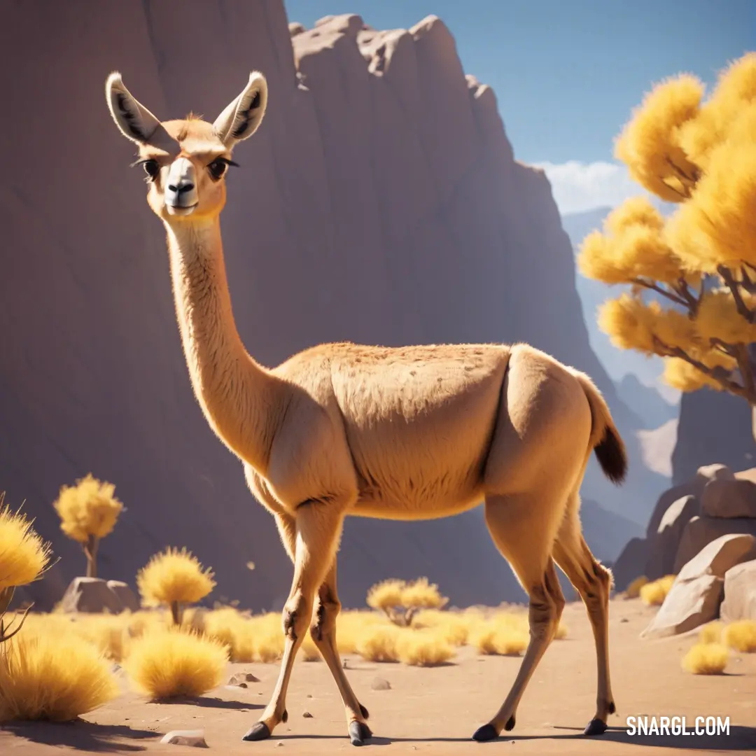 Llama standing in a desert with mountains in the background