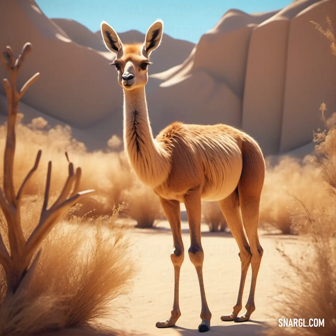 Llama standing in a desert with mountains in the background