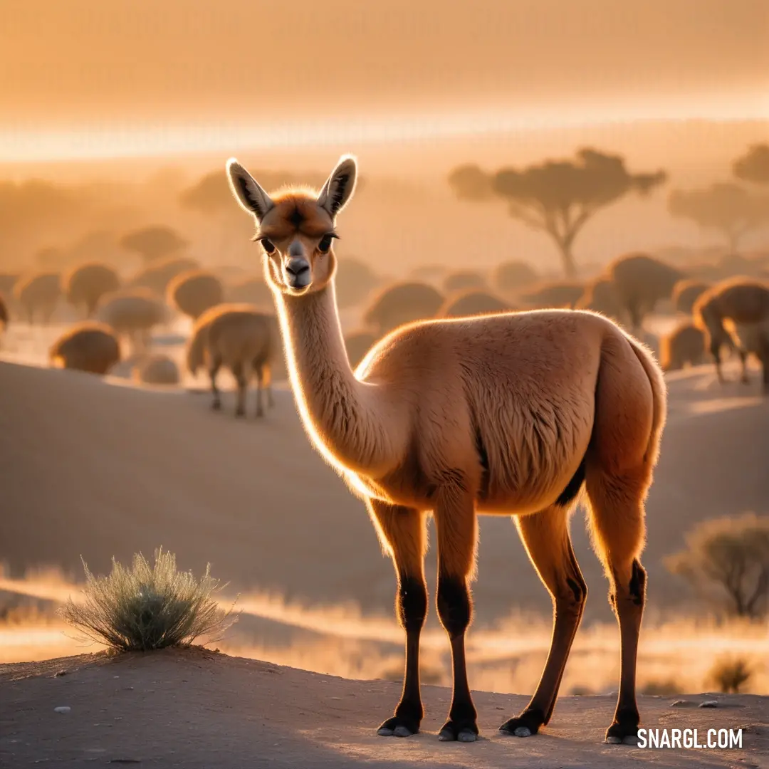 Llama standing in the desert with other animals in the background