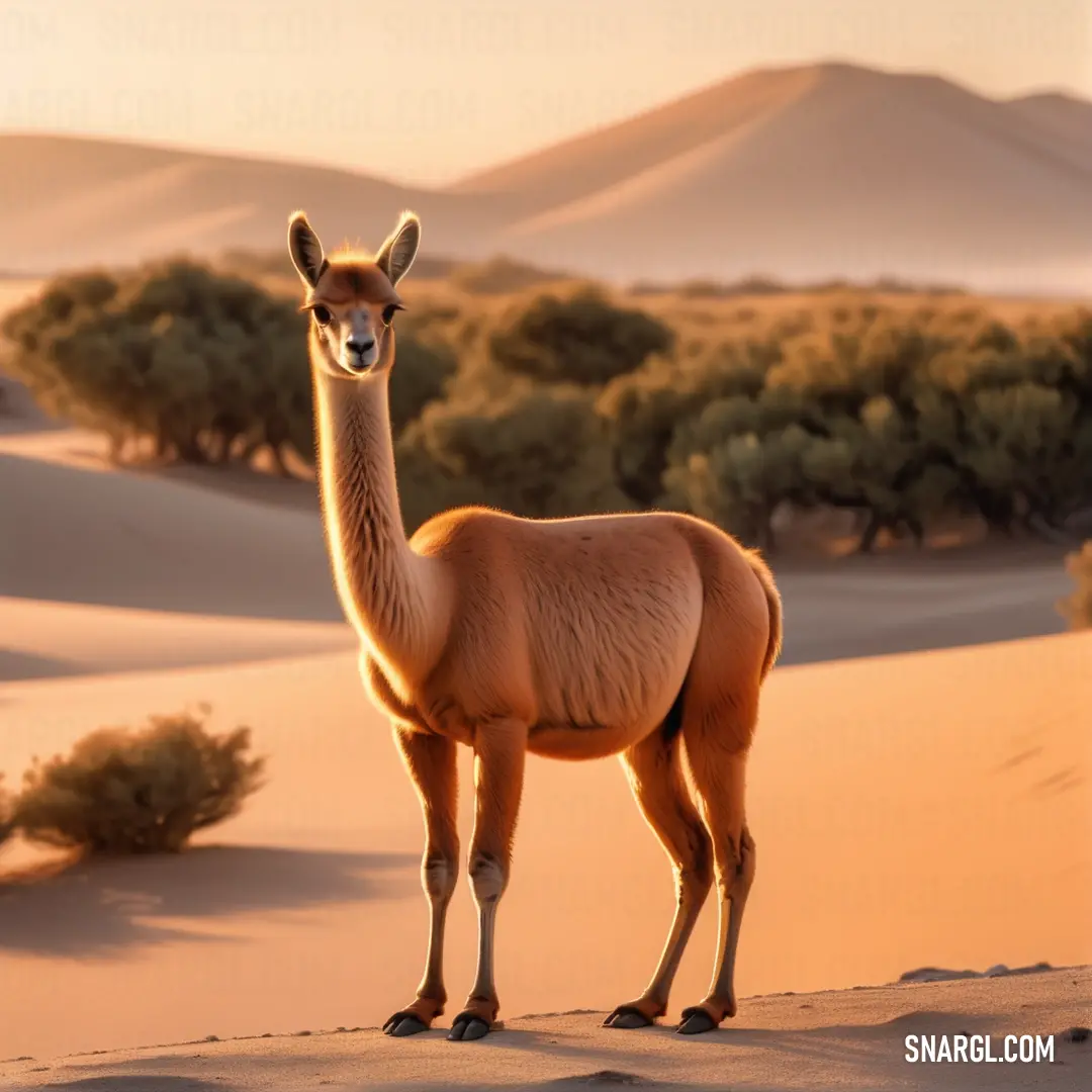 Llama standing in the desert at sunset with mountains in the background