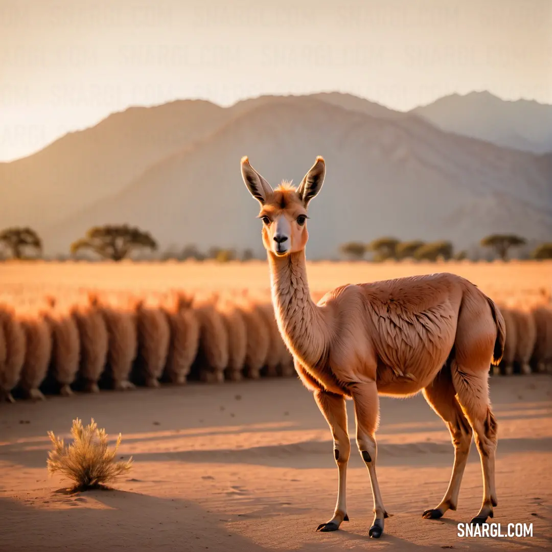 Llama standing in the middle of a desert with mountains in the background