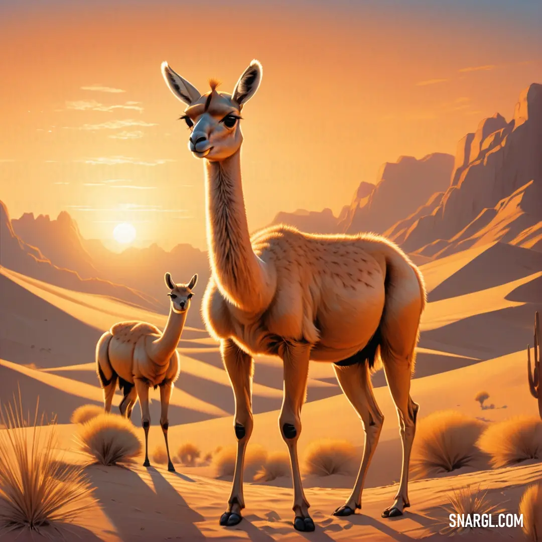 Painting of a llama and her baby in the desert at sunset with mountains in the background