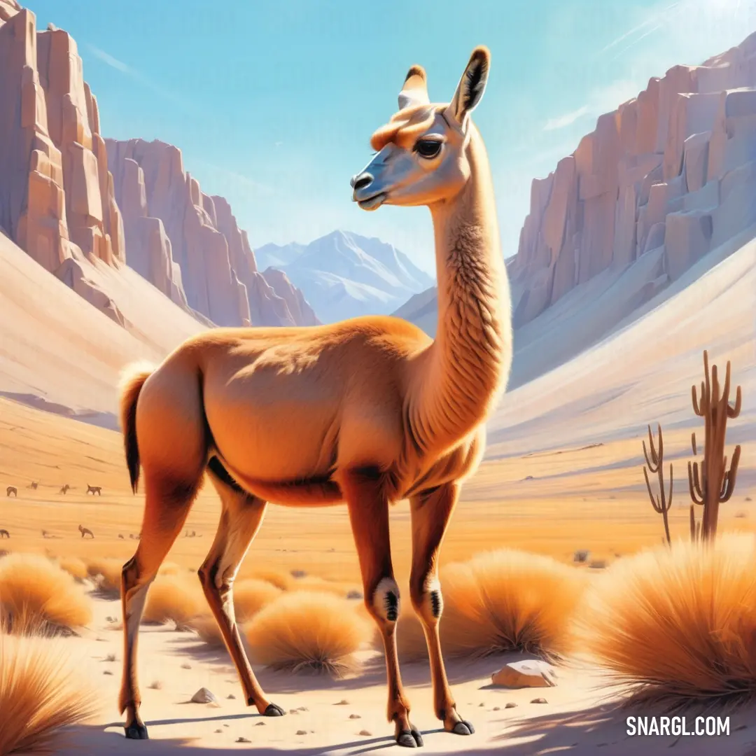 Painting of a llama in the desert with mountains in the background