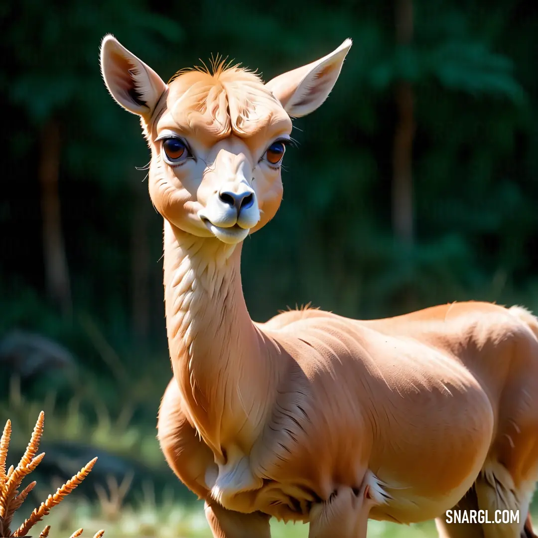 Small deer standing in a field of grass and trees in the background