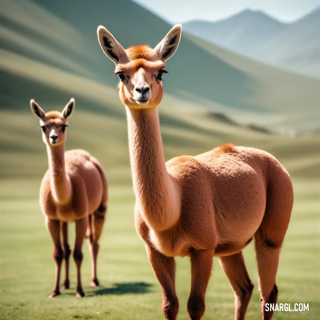 Two llamas standing in a field with mountains in the background