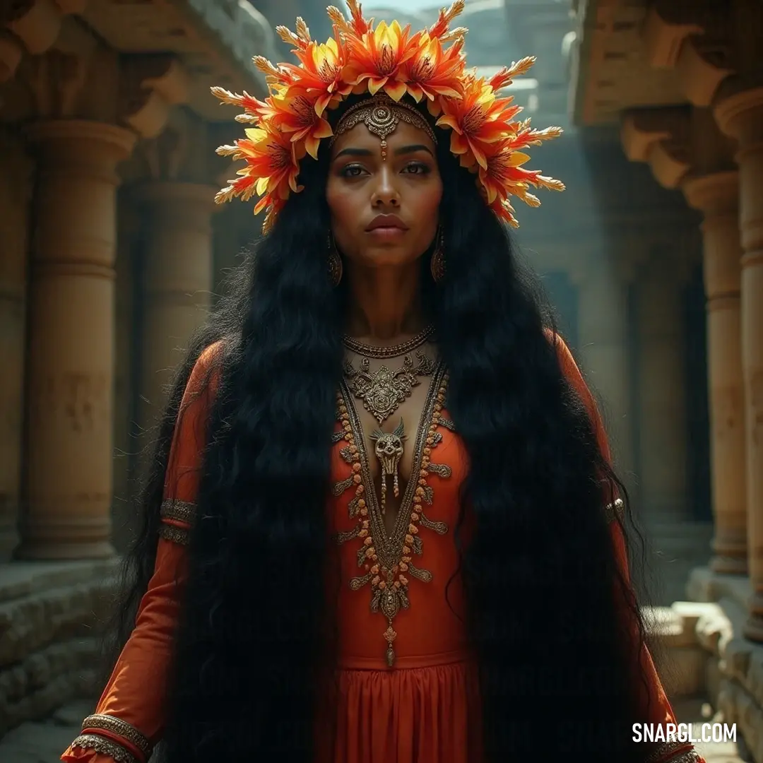 A captivating figure with flowing black hair, adorned with a regal headdress and a vibrant flower crown, radiating natural beauty. A mesmerizing woman with long black hair adorned with a majestic headdress and a vibrant flower crown captivates the spirit of nature and grace, highlighting her exquisitely regal appearance.
