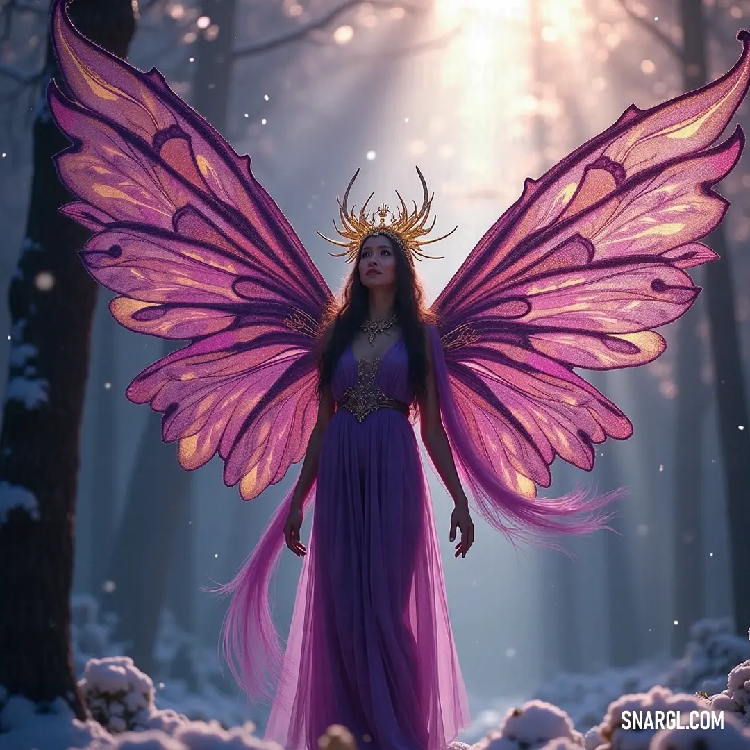 A delightful scene of a fairy adorned in a purple dress, fluttering through a snowy forest filled with falling snowflakes and kissed by the glow of sunlight, evoking dreams and enchantment. A whimsical fairy with delicate purple wings dances gracefully in a serene snowy forest, her attire shimmering like morning dew, surrounded by glistening snowflakes and a gentle sunbeam breaking through the trees.