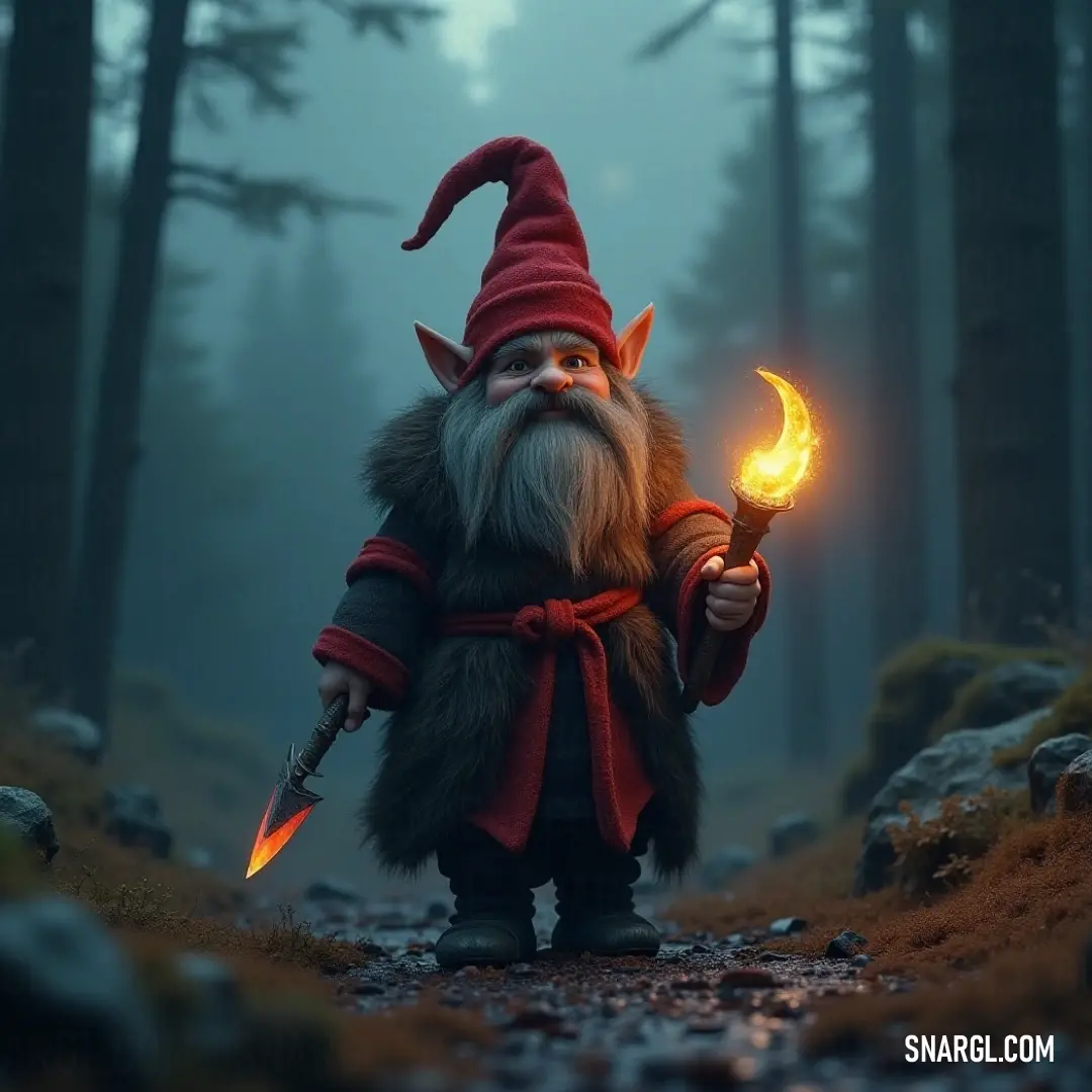 Amidst a serene forest backdrop, a figure holds a flickering fire aloft in one hand while wielding a knife in the other, embodying the spirit of survival and adventure, with rocks and ancient trees surrounding him, adding to the allure of the wild.
