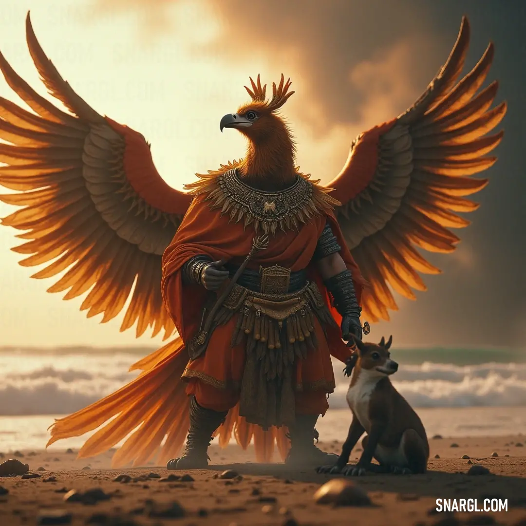 Vinayaka, adorned with a crown, stands proudly next to a dog on a peaceful beach, with the expansive sky creating a backdrop of calm and divine presence. A regal Vinayaka wearing a crown, standing beside a dog on a beach. The vast sky above and the tranquil beach setting add an air of calm and grace to the scene, creating a serene atmosphere.