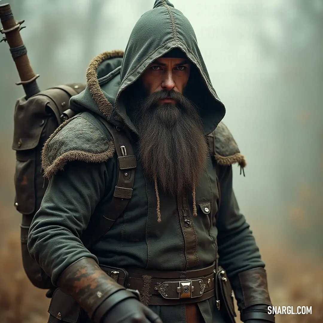 A shadowy figure with a beard and hood, armed and poised for adventure under the moonlit sky, evokes a sense of intrigue and danger in this atmospheric scene. A mysterious figure cloaked in shadows, featuring a rugged beard and a striking hood, confidently holds a polished gun. The intensity in their posture suggests a story untold under the moonlit sky, captivating visitors to this dark fantasy realm.