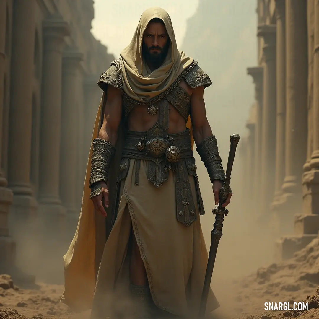 A resolute figure in a desert outfit brandishing a sword and shield, standing firm in a dusty street, symbolizing strength and resilience against adversity. Amidst a dusty street, a resolute figure in a desert outfit wields a sword and shield, standing strong in the face of adversity, embodying the spirit of a protector in a worn but vibrant landscape.