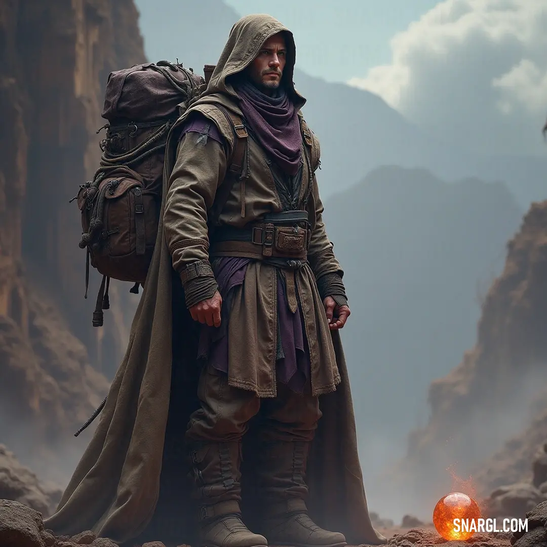 An intrepid adventurer clad in a desert outfit stands resiliently against a majestic mountain, a backpack filled with essentials upon their back, ready to conquer new horizons.