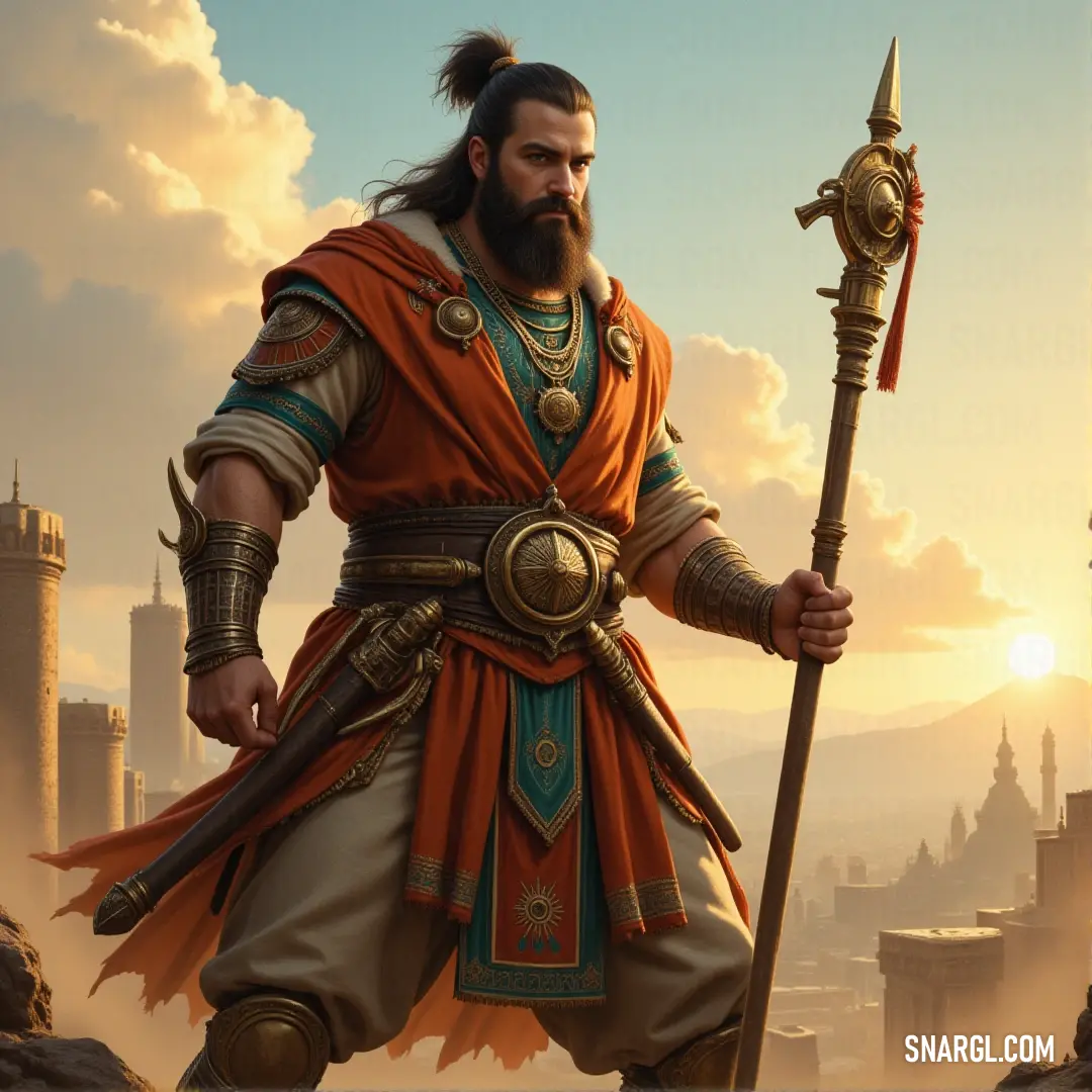 In front of a stunning city at sunset, Vincent Valentine, beard flowing, holds his staff, a calm yet powerful figure amidst the beauty of the fading daylight. Vincent Valentine, with a beard, stands before a breathtaking cityscape at sunset, holding a staff in one hand, his figure silhouetted against the vibrant colors of the sky, a striking contrast to the urban backdrop.