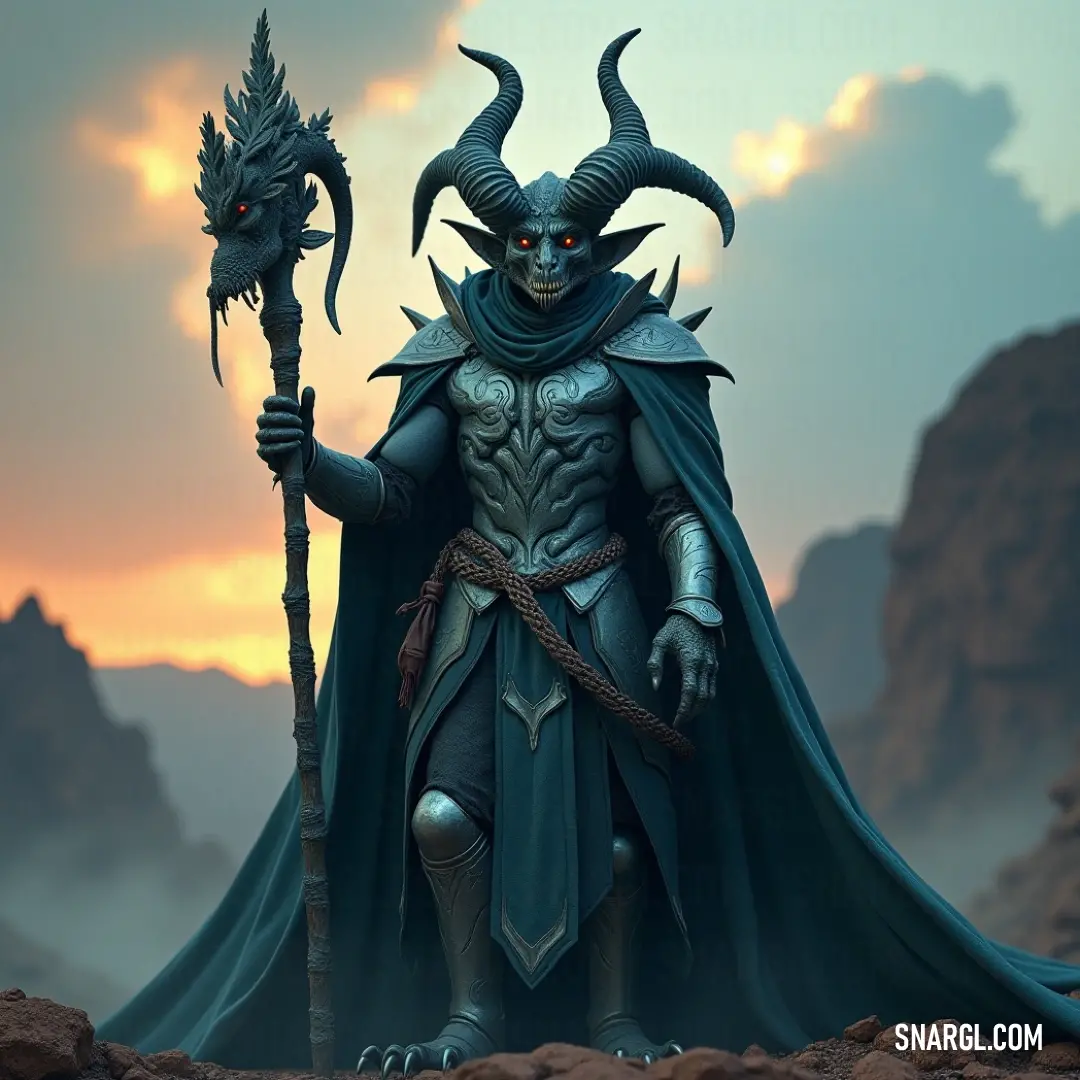 A horned figure in a dramatic costume, wielding a staff and holding a demon-like creature, exuding an aura of power and mystery in a dark, otherworldly setting. A mysterious figure in a horned costume, holding a staff adorned with dark symbols, with a demon-like creature perched on one hand. The character is immersed in a fantasy world, surrounded by an air of danger and intrigue.