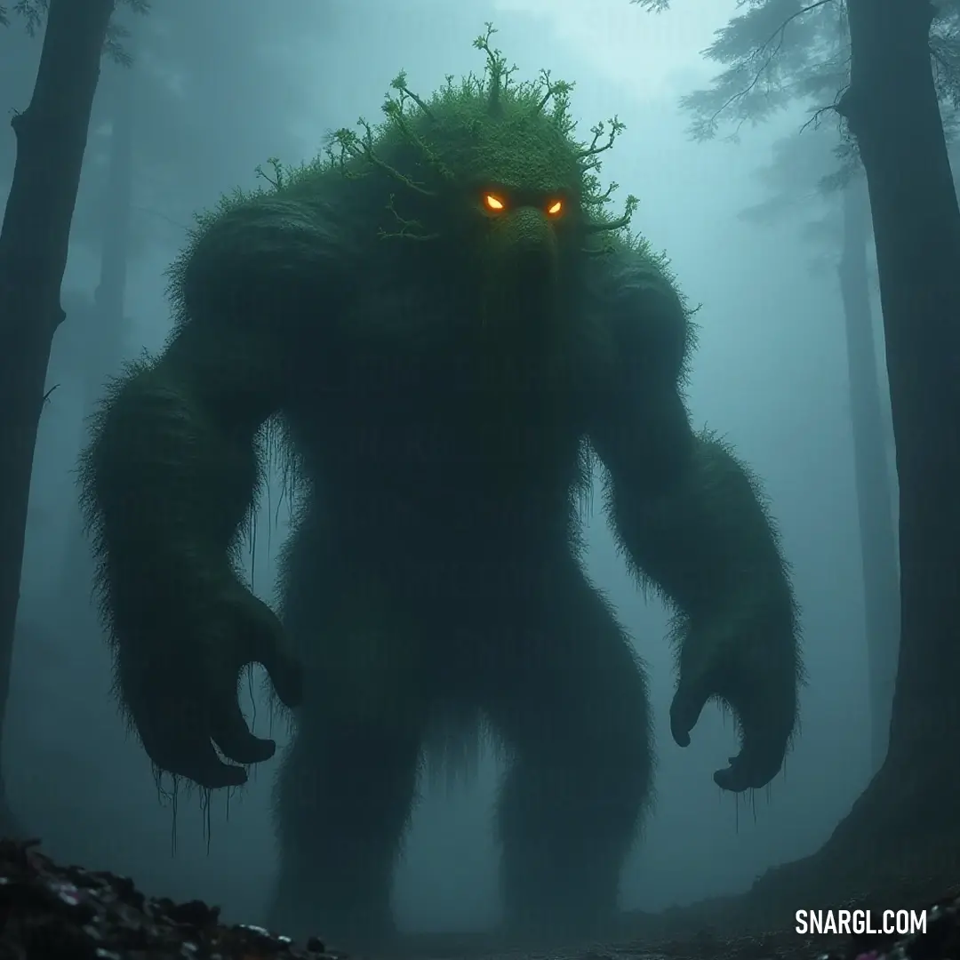 A haunting Giant Vinekeeper, eyes luminous in the fog, exudes an ethereal aura amidst the mystic woods, guarding nature's secrets as shadows dance around it. A powerful Giant Vinekeeper with piercing glowing eyes watches over a fog-shrouded forest, its ancient presence commanding the mysterious ambiance of the woodland surroundings.