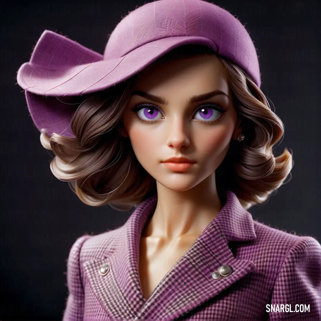 Barbie doll wearing a purple hat and purple coat and purple hair and a purple jacket
