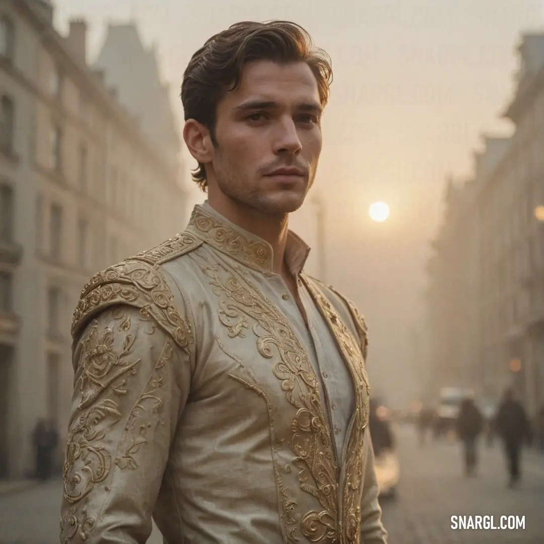 Man in a gold and gold outfit standing on a street with a sunset in the background