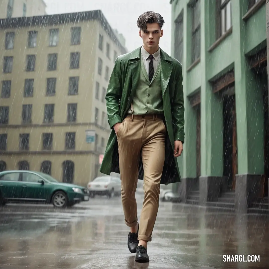 Man in a green coat and tie walking down a street in the rain with a green car behind him